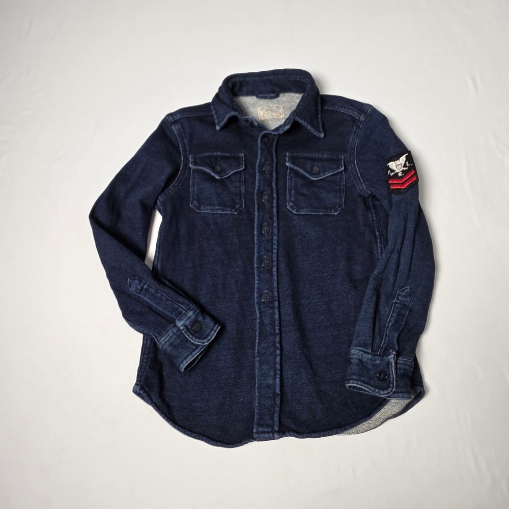 Polo Ralph‎ Lauren Dungarees Shirt Kids 7 Blue Naval Military Patch Stretch Soft